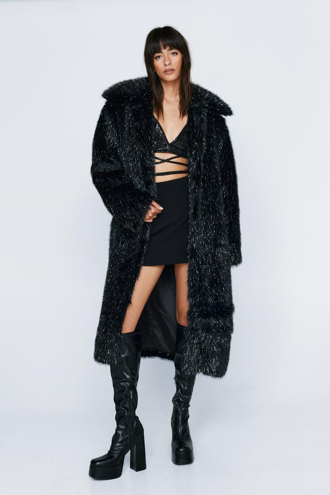 Black Premium Glitter Faux Fur Coat  image number 1