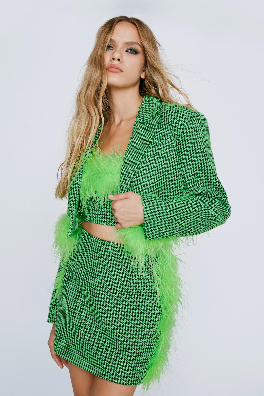 Green Faux Fur Trim Dogtooth Cropped Blazer image number 1