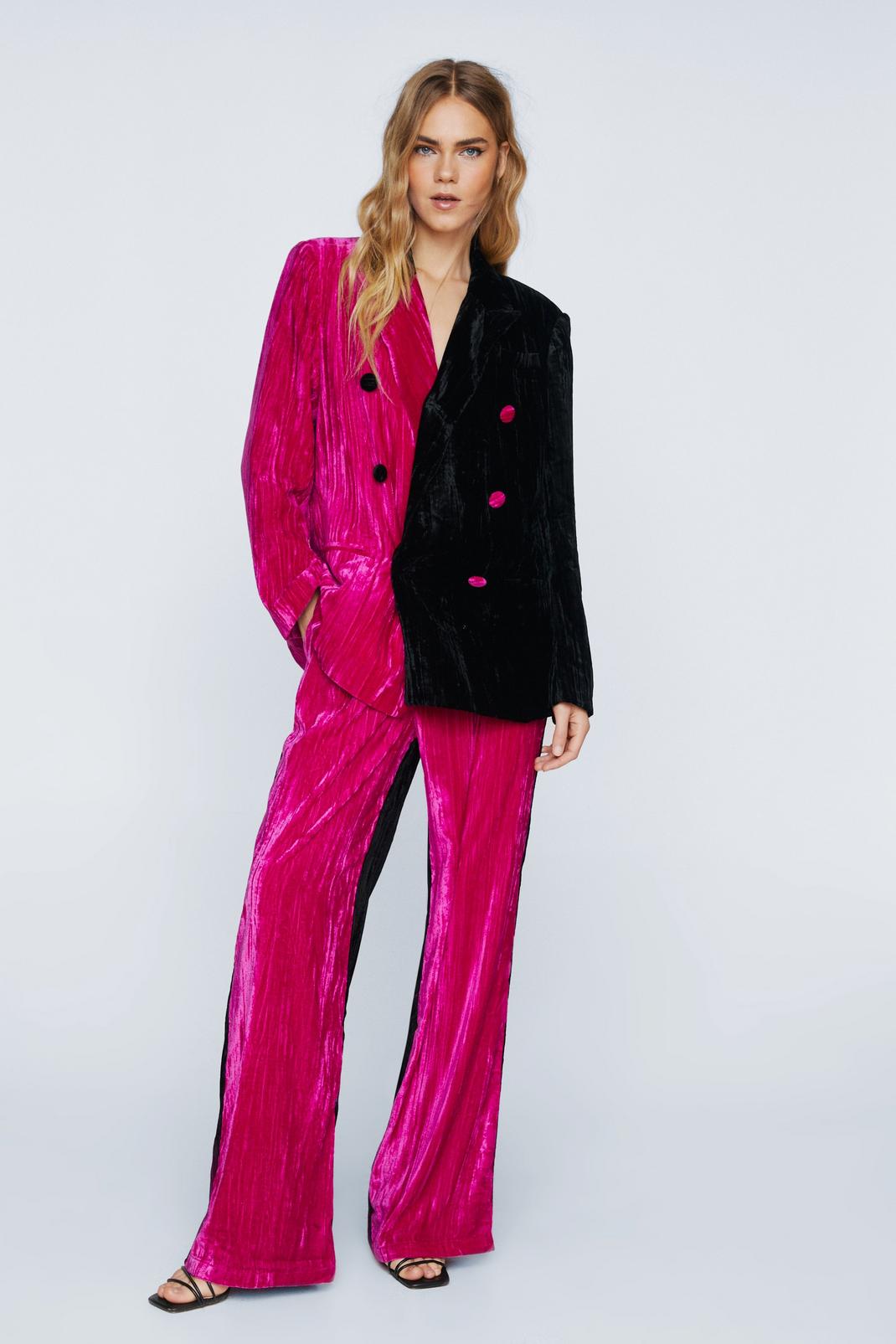Pantalon de tailleur en velours imprimé colorblock, Hot pink image number 1