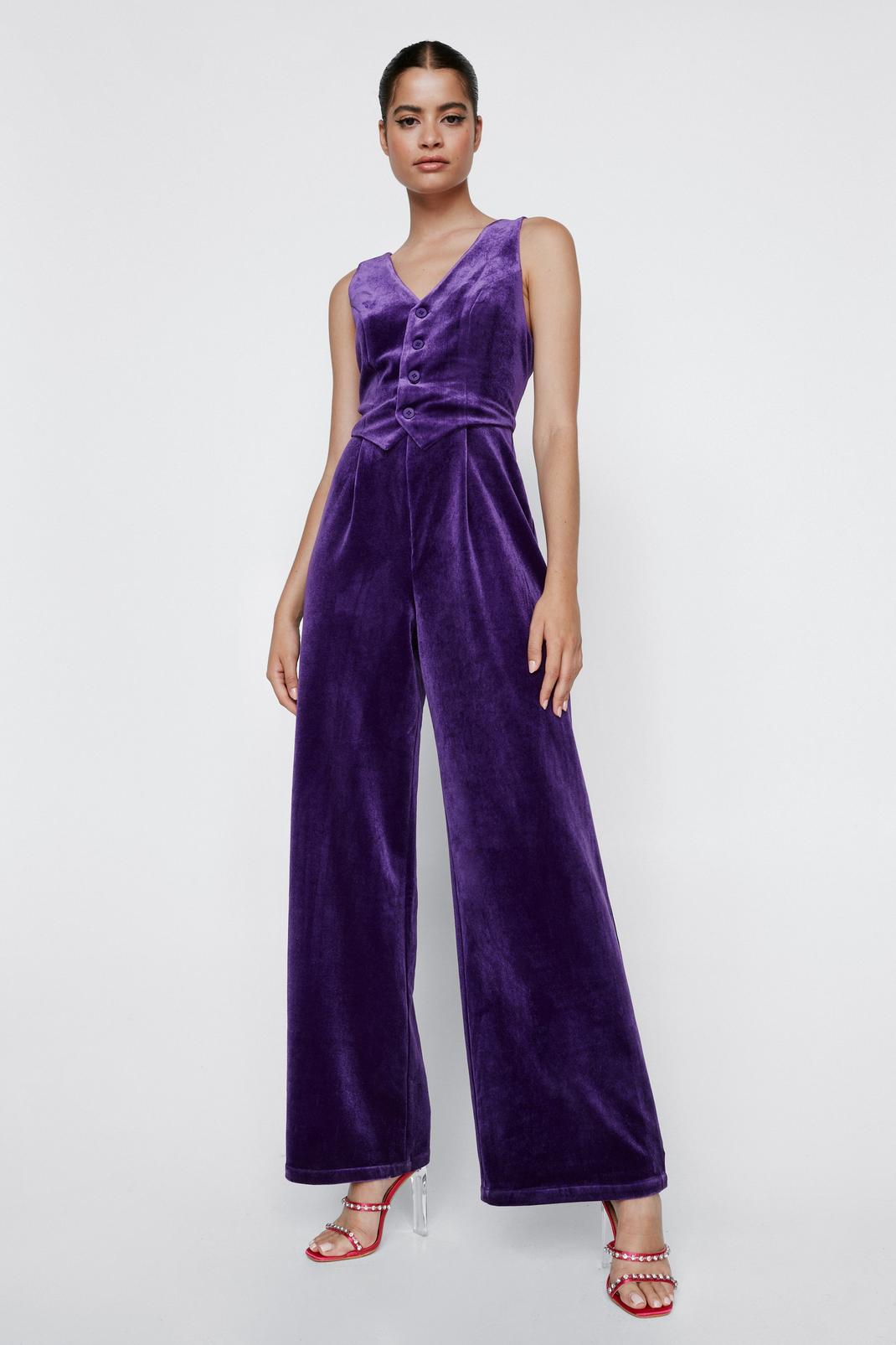 Purple Velvet Tailored V-Neck Jumpsuit image number 1