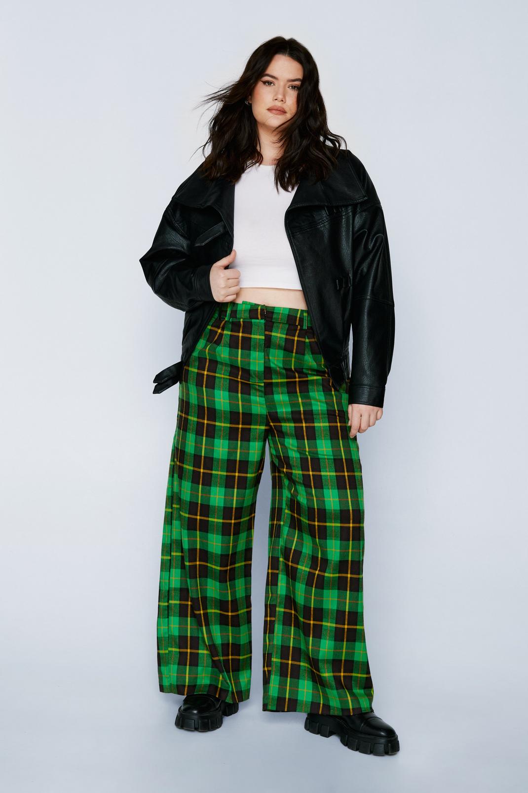 Green Plus Size Check Tailored Wide Leg Trousers image number 1