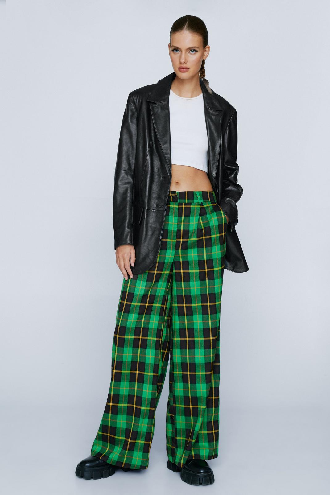 Green Plaid Tailored Wide Leg Pants image number 1