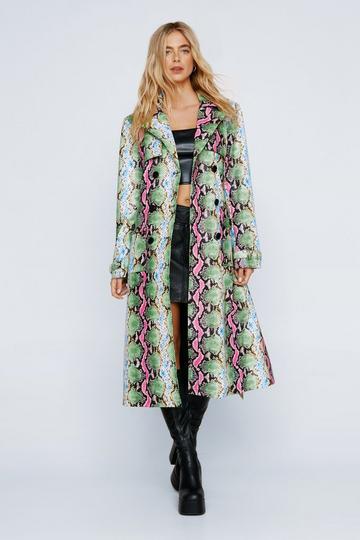 Faux Leather Snake Trench Coat green