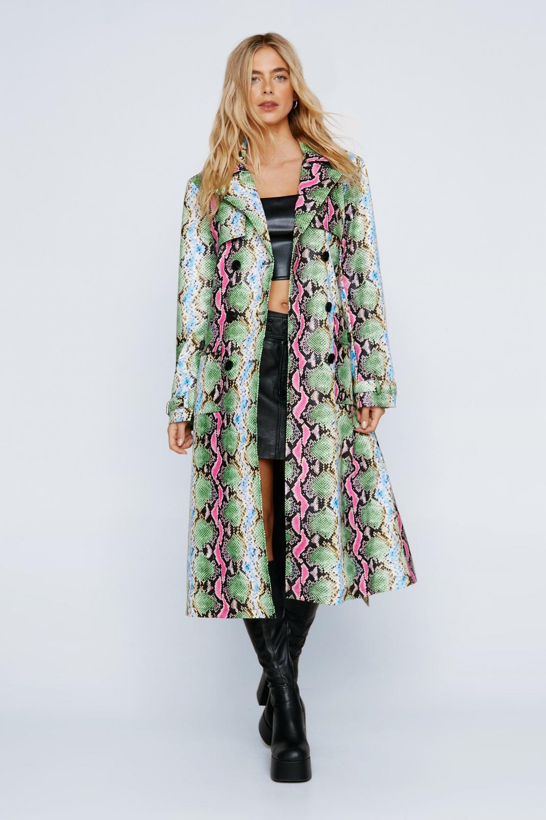 Green Faux Leather Snake Trench Coat image number 1
