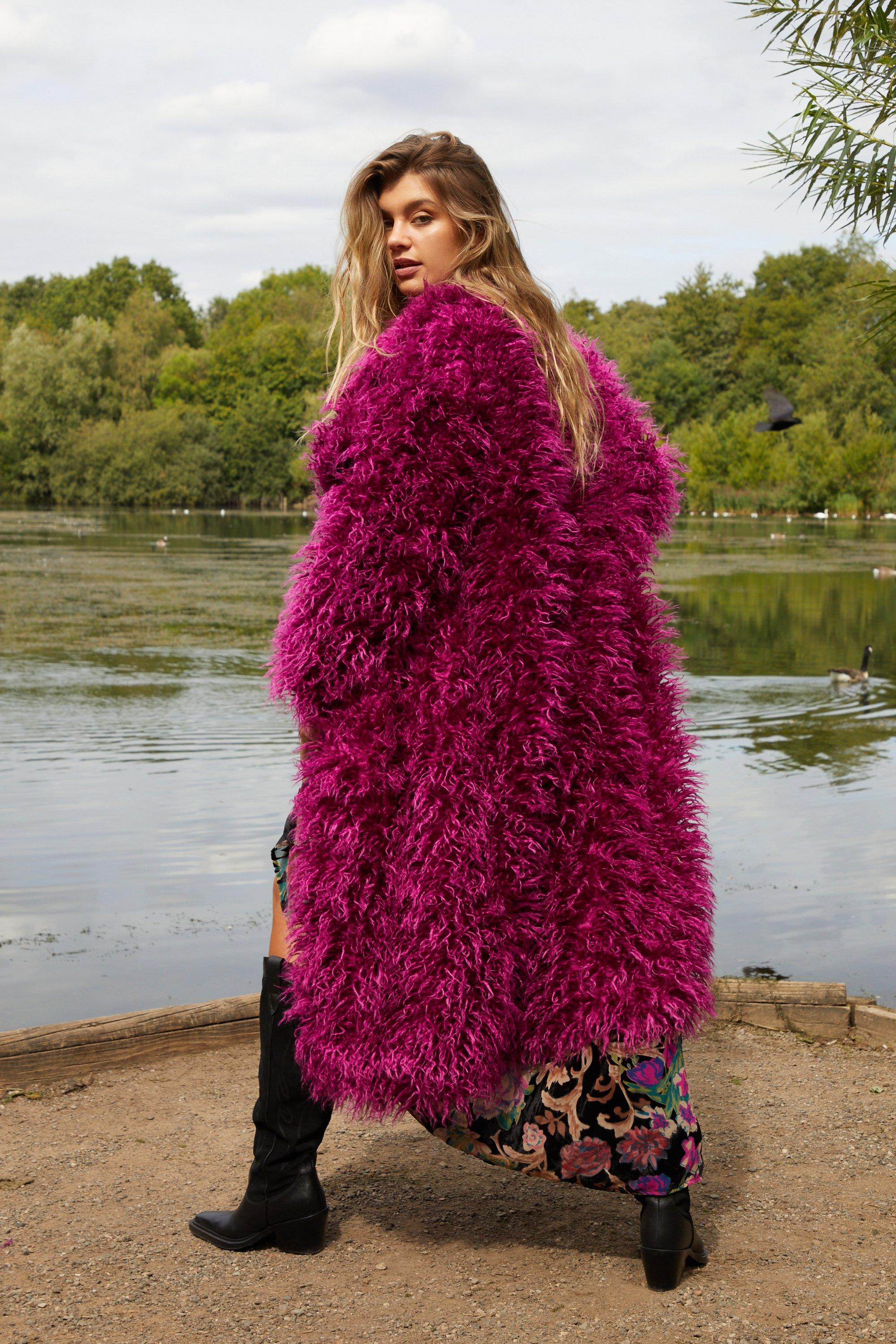 Pink mongolian sale fur coat