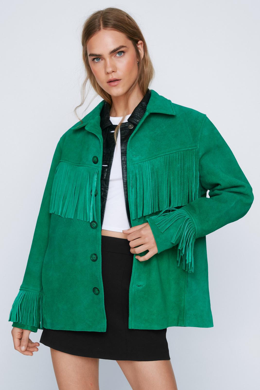 Green Real Suede Oversized Fringed Jacket image number 1