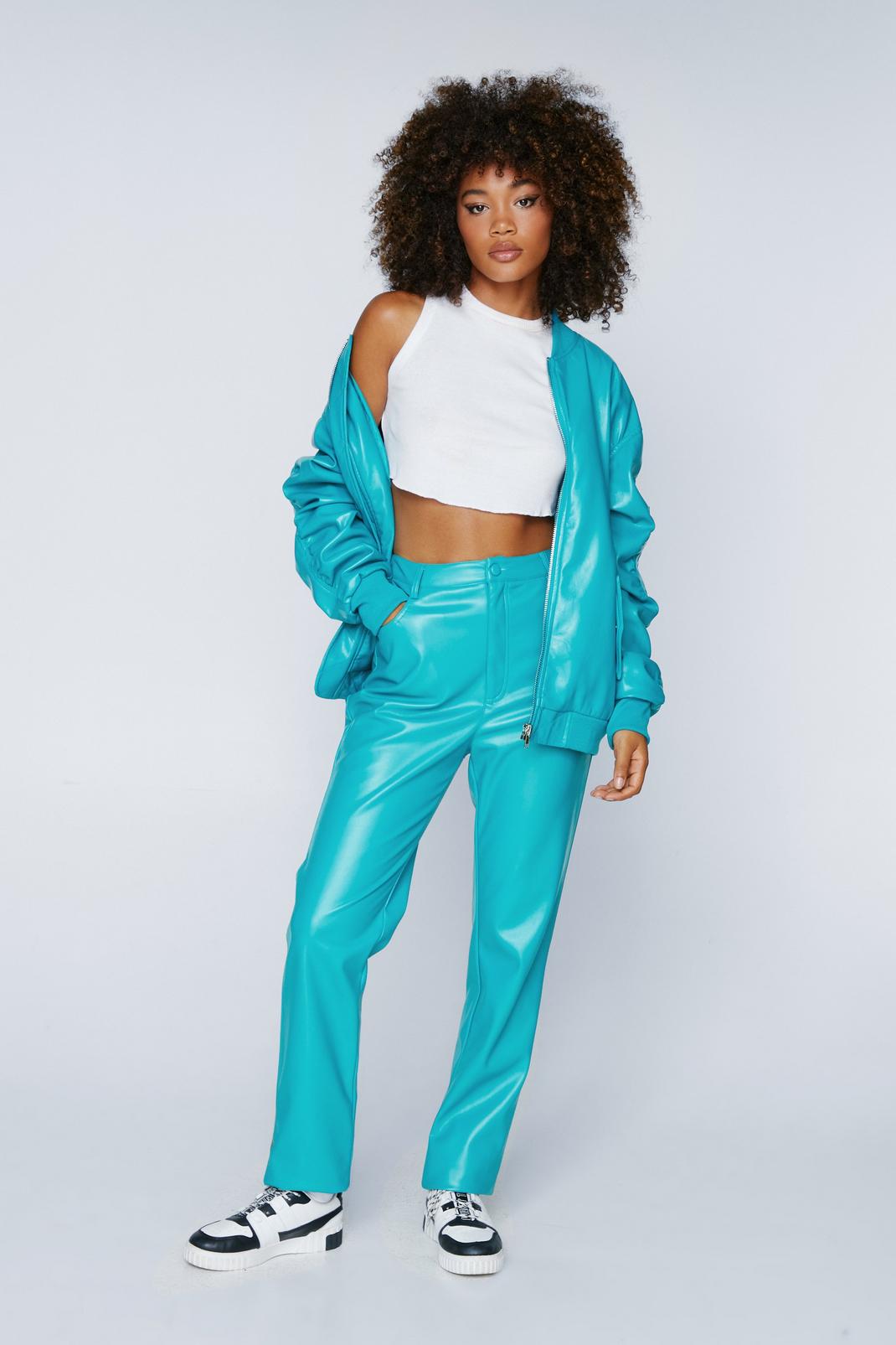Turquoise Faux Leather Straight Leg Pants image number 1