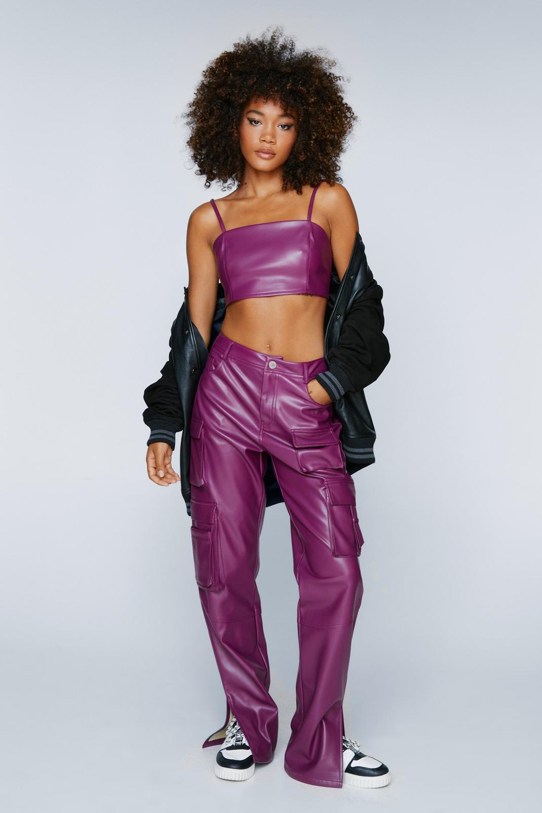 Berry Faux Leather Wide Leg Cargo Pants image number 1