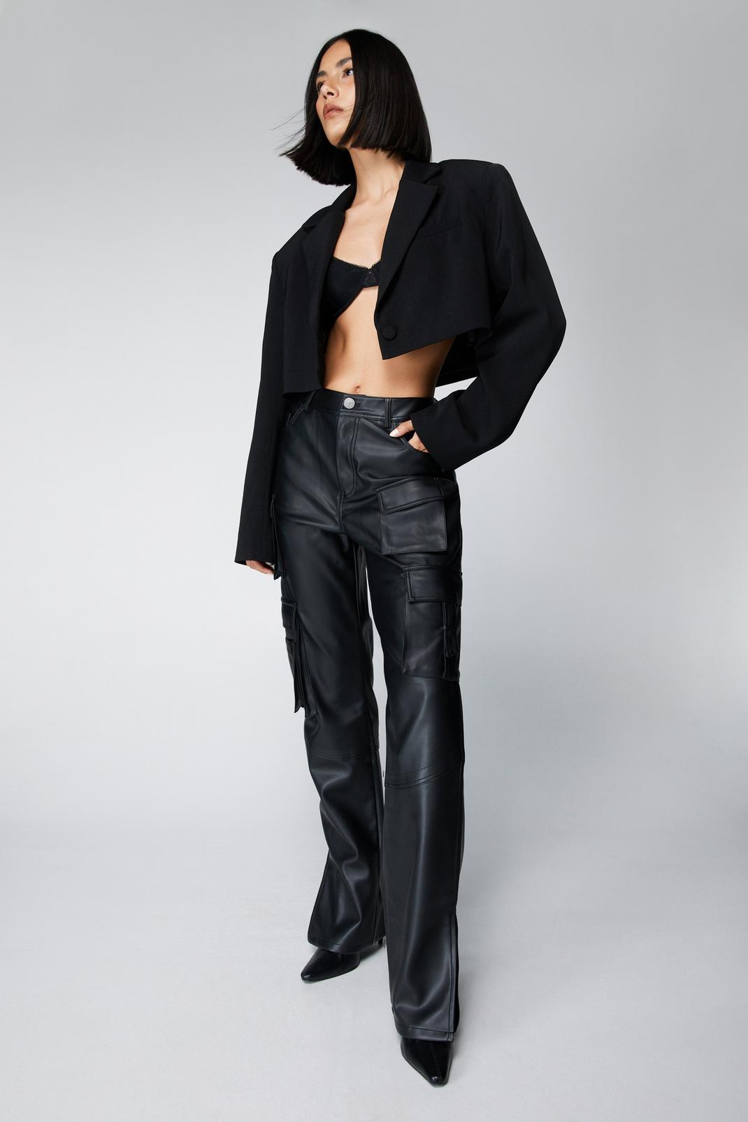 Black Faux Leather Wide Leg Cargo Pants image number 1
