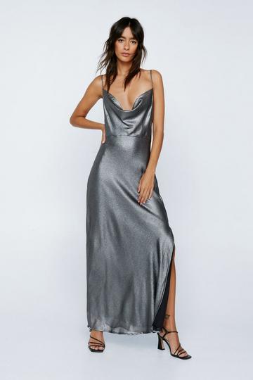 Silver Cowl Neck Metallic Foiled Maxi Slip Dress
