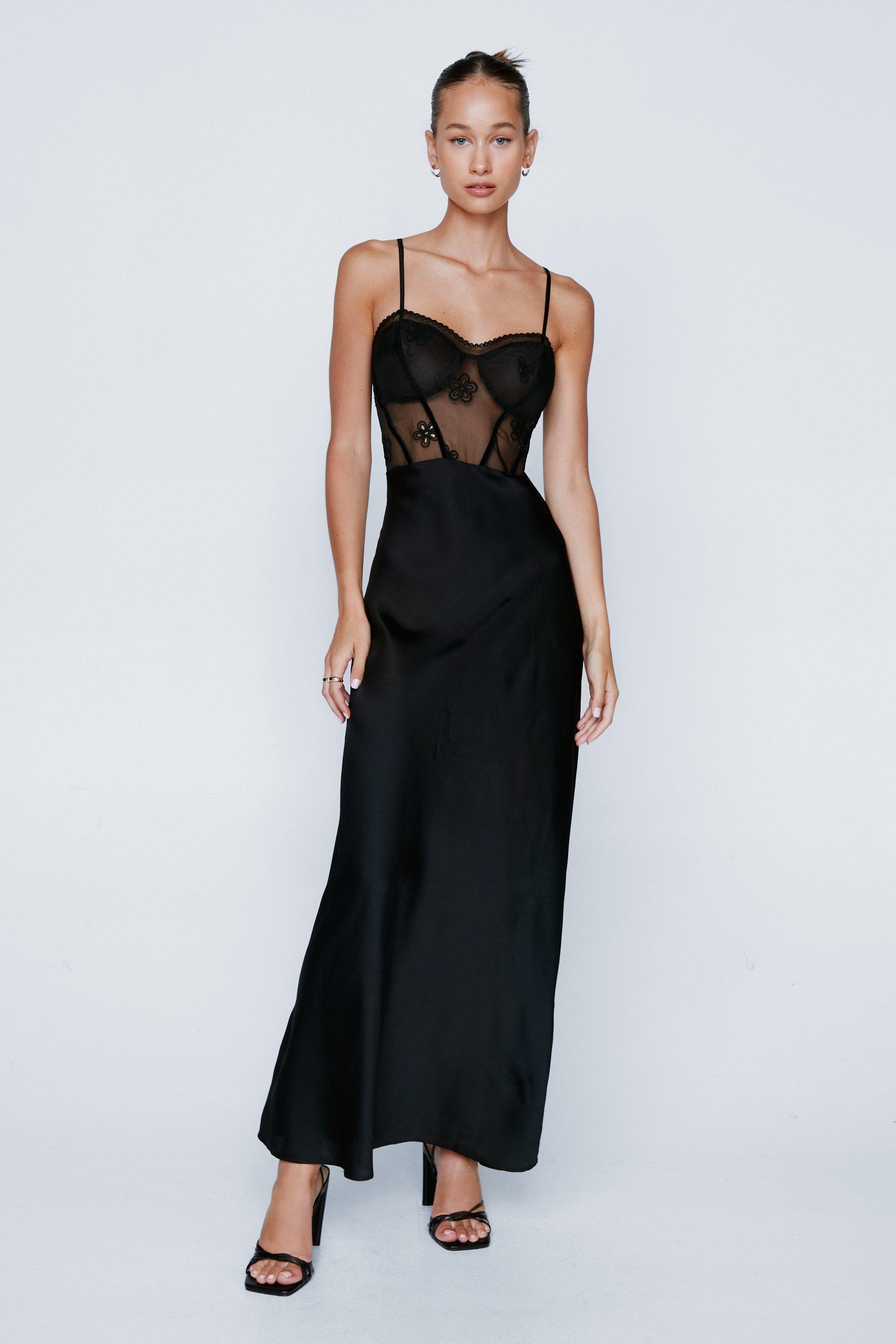 Sheer Embroidered Corset Satin Maxi Dress | Nasty Gal