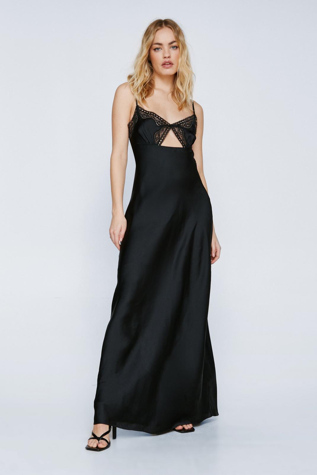 Black Lace Trim Satin Maxi Dress image number 1