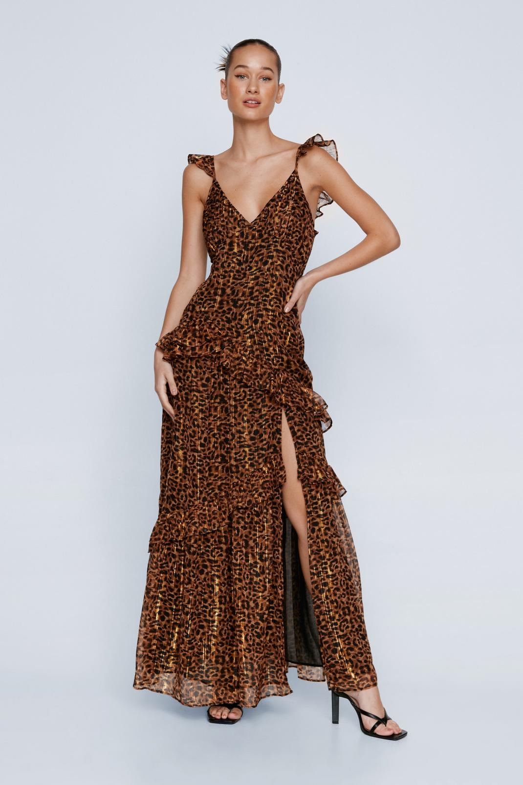 Brown Petite Ruffle Strappy Leopard Maxi Dress image number 1