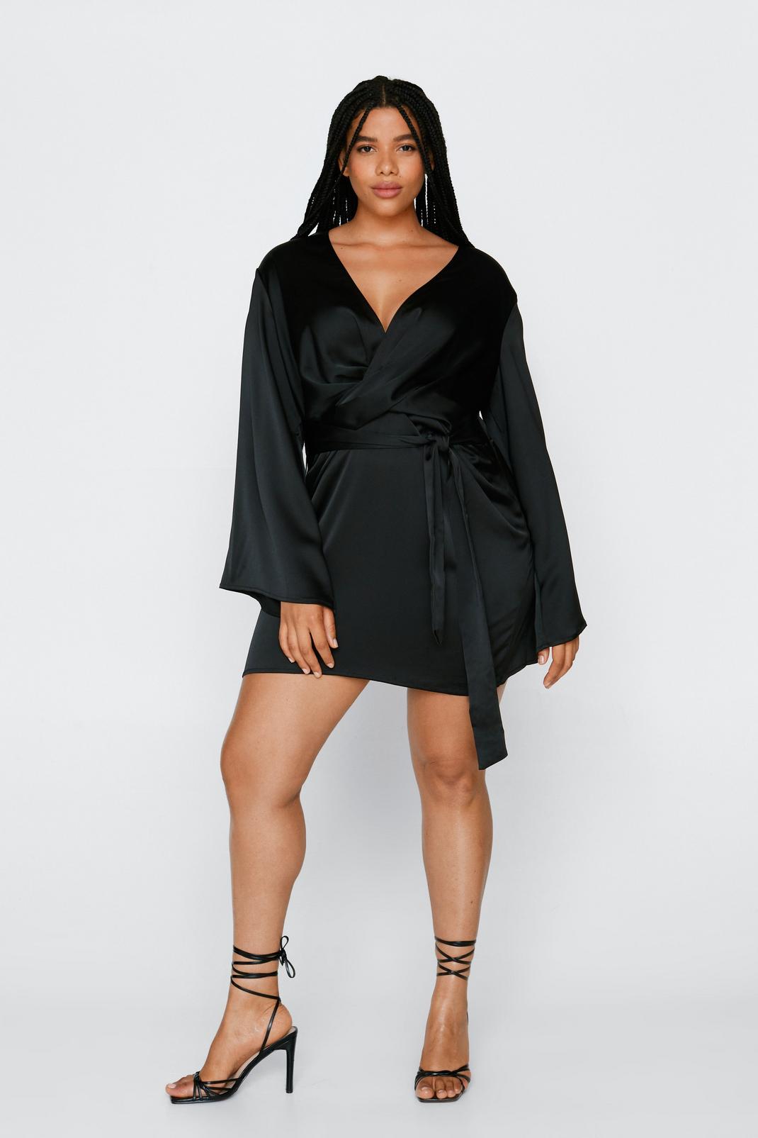 Black Plus Size Angel Sleeve Satin Mini Dress image number 1