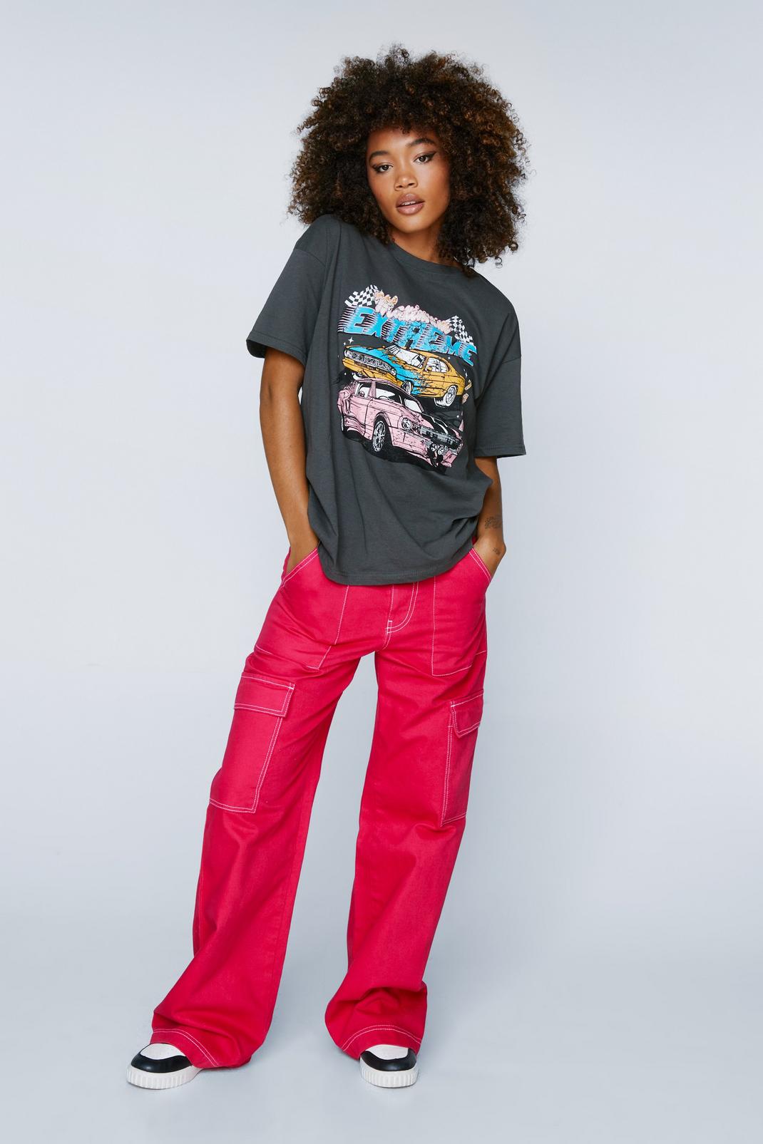 Pantalon cargo large à coutures contrastées, Hot pink image number 1