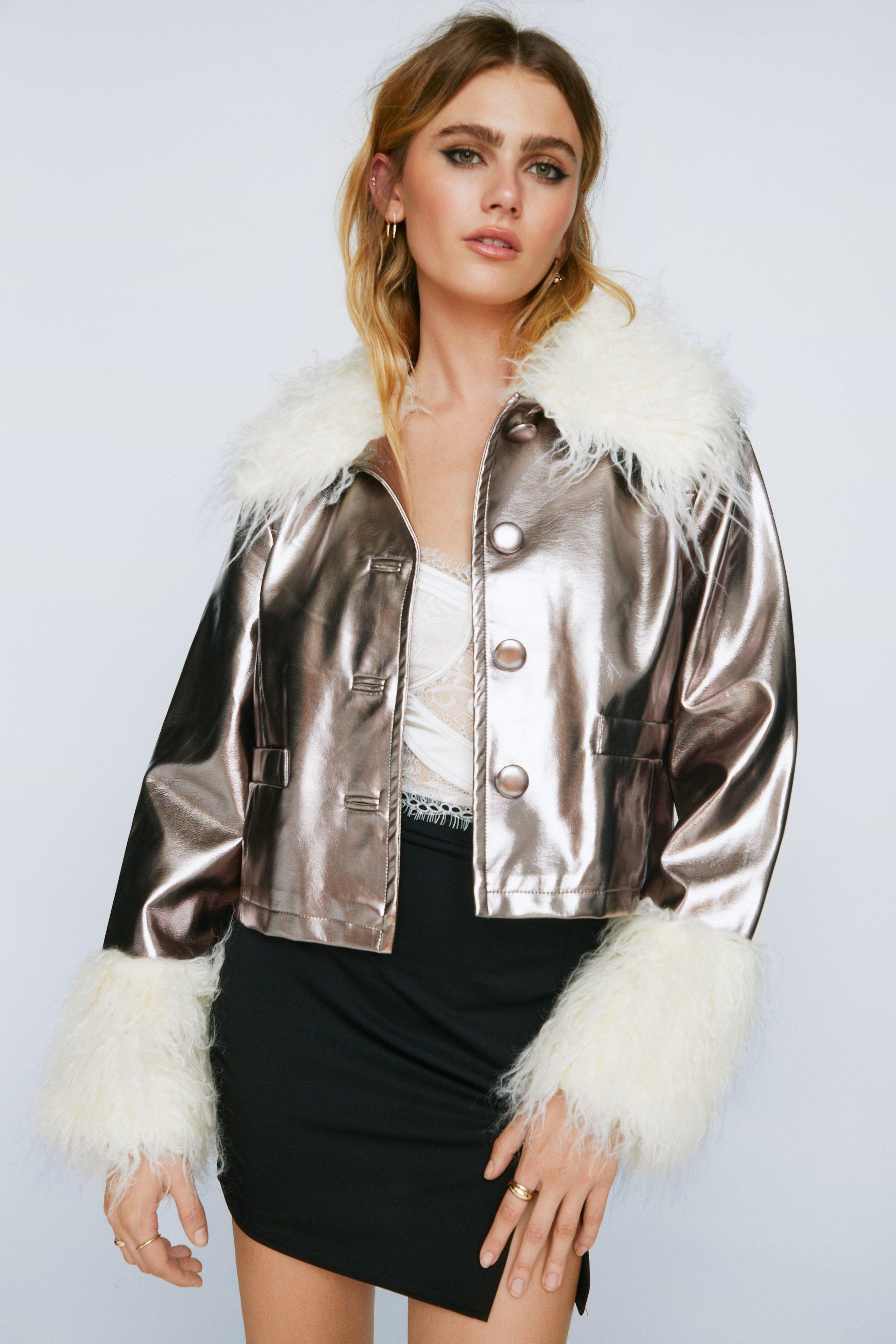 Metallic faux leather on sale jacket