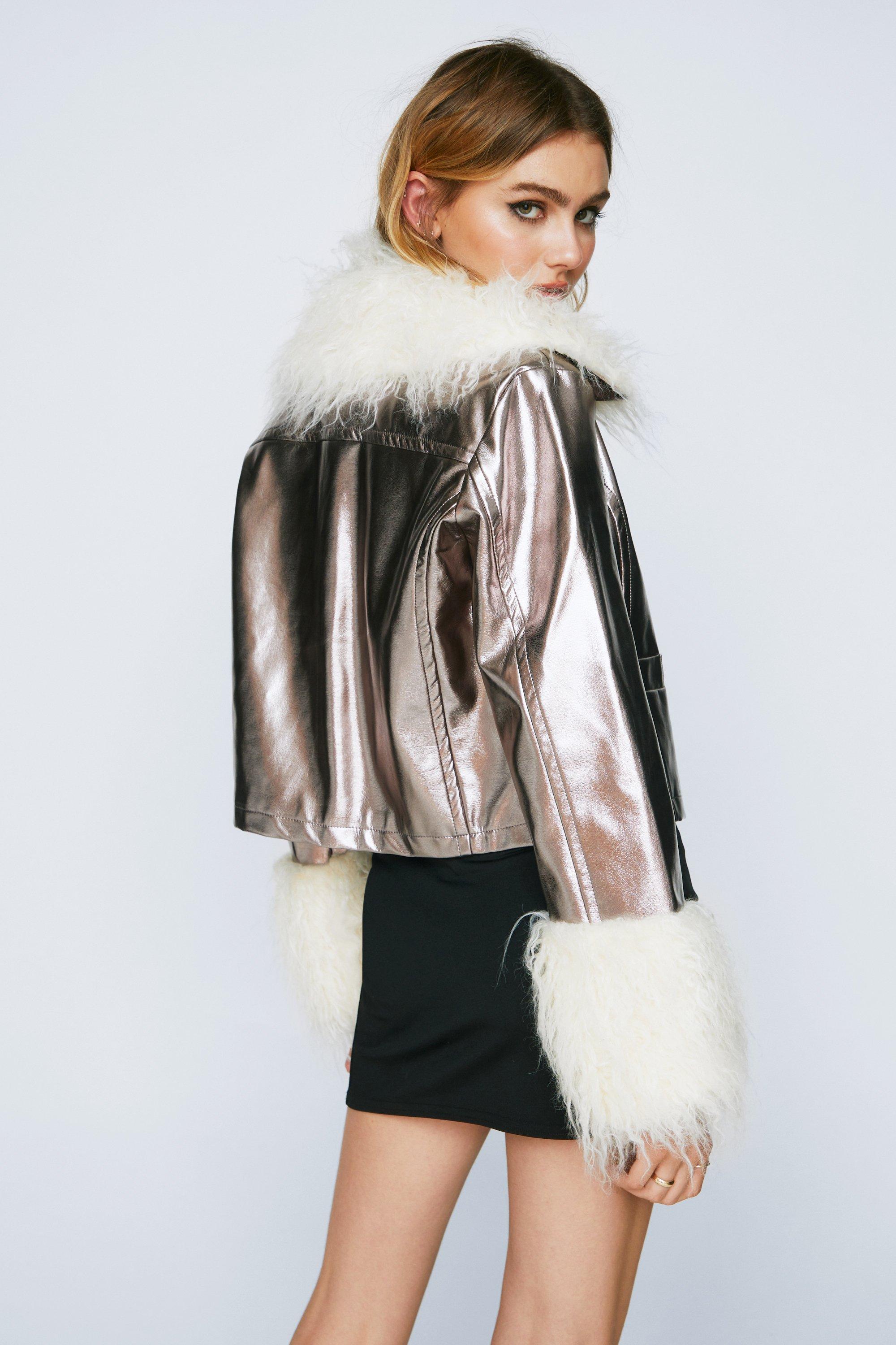 Metallic Faux Leather Fur Trim Jacket Nasty Gal