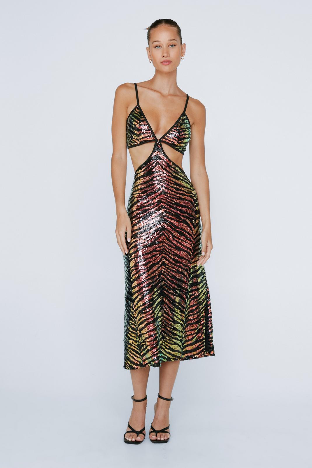 Gold Petite Animal Print Sequin Cut Out Midi Dress image number 1