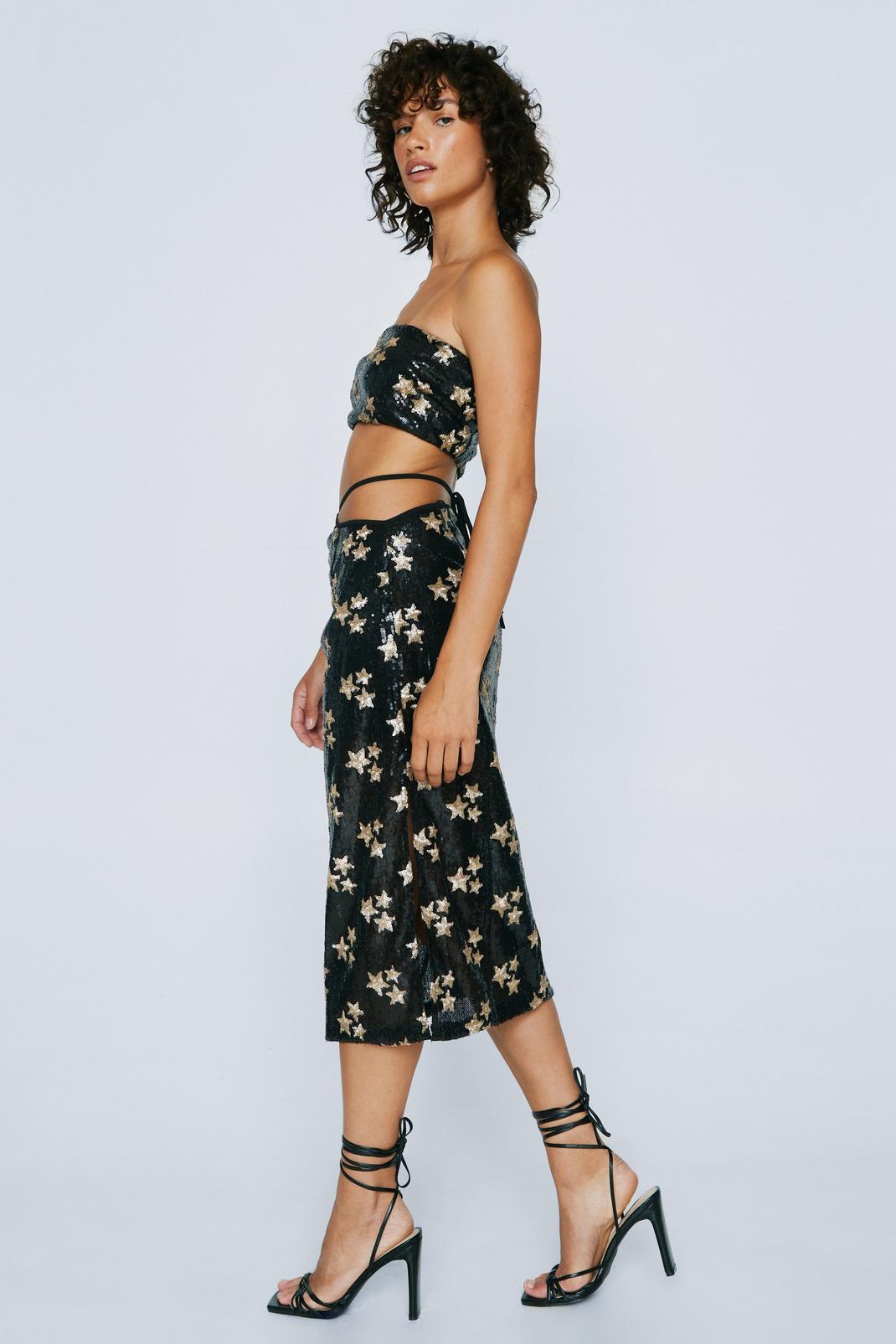 Black Petite Star Sequin Bandeau Top And Midi Skirt image number 1