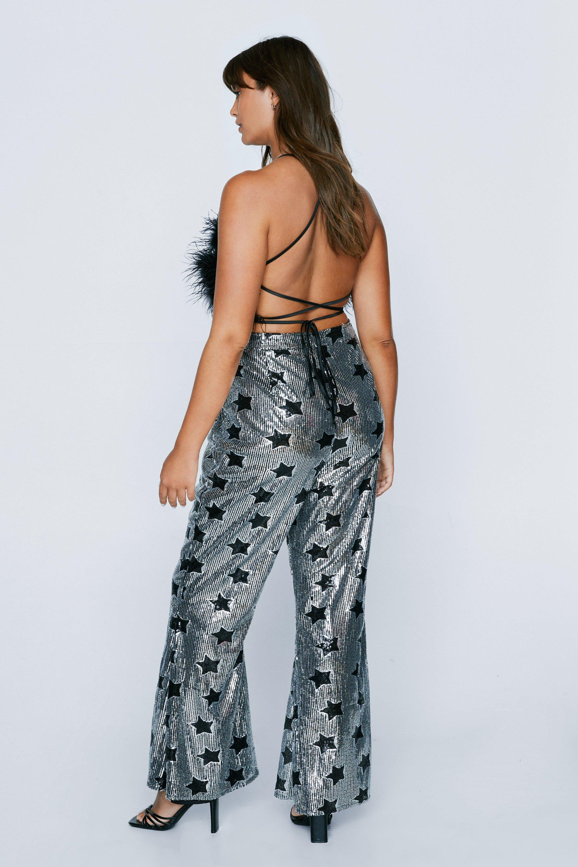 Plus Size Silver Star Sequin Flared Pants