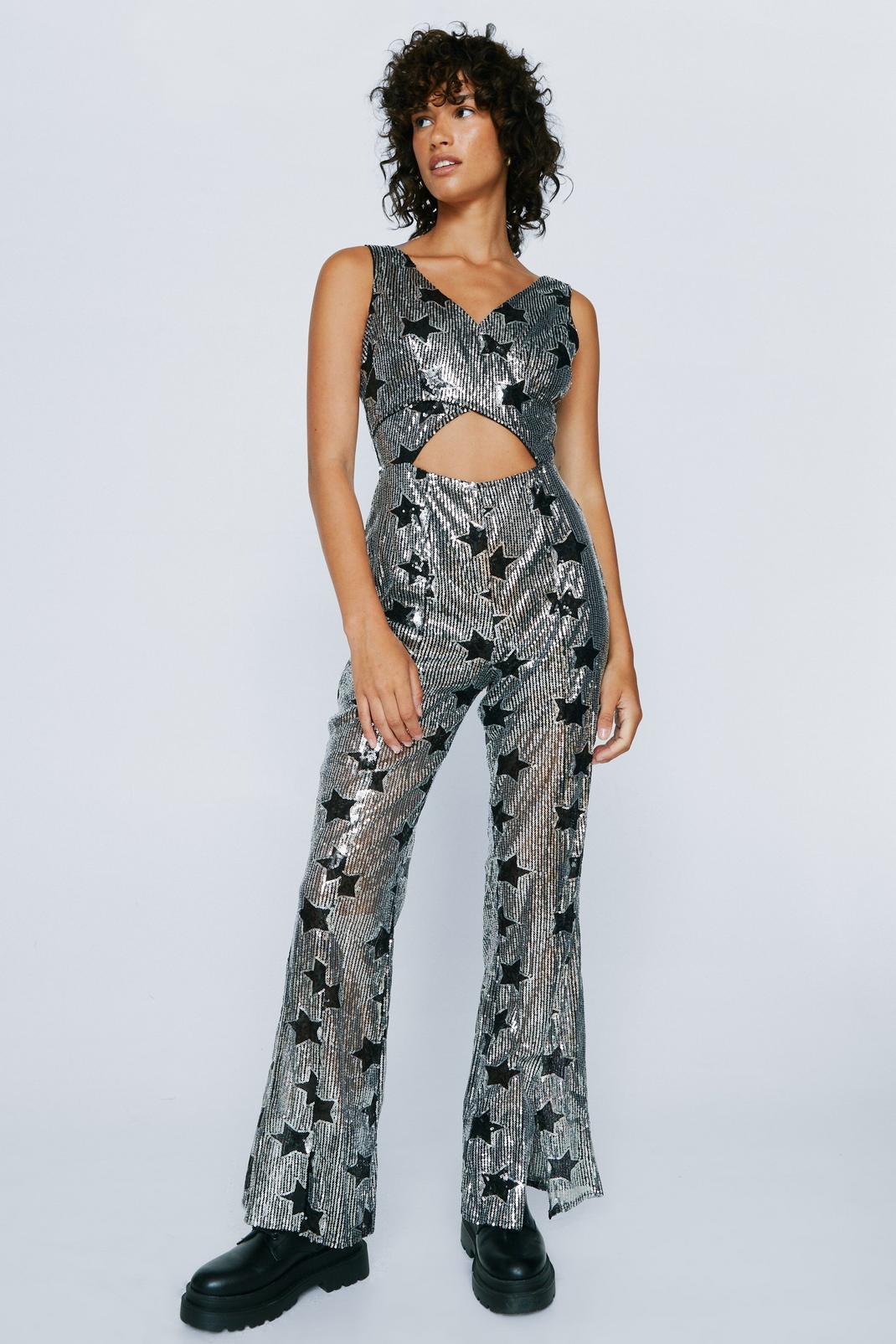 Petite Silver Star Sequin Cut Out Jumpsuit image number 1