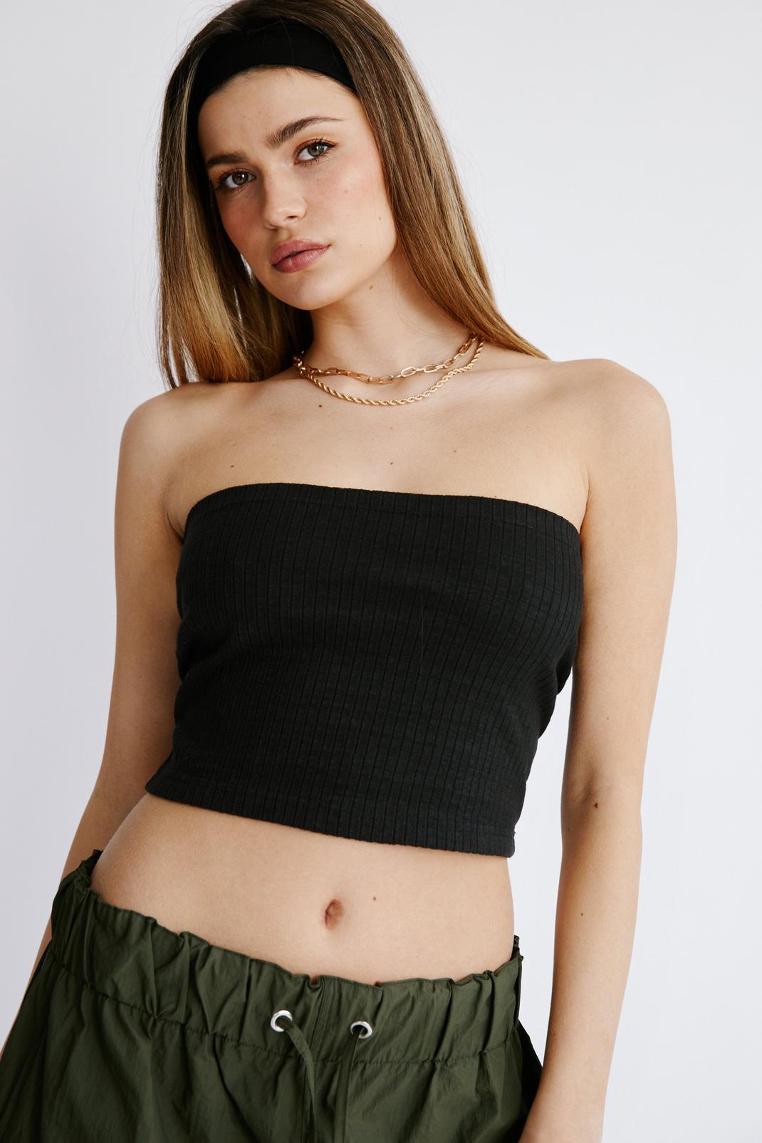 Black Ribbed Cropped Tube Top image number 1