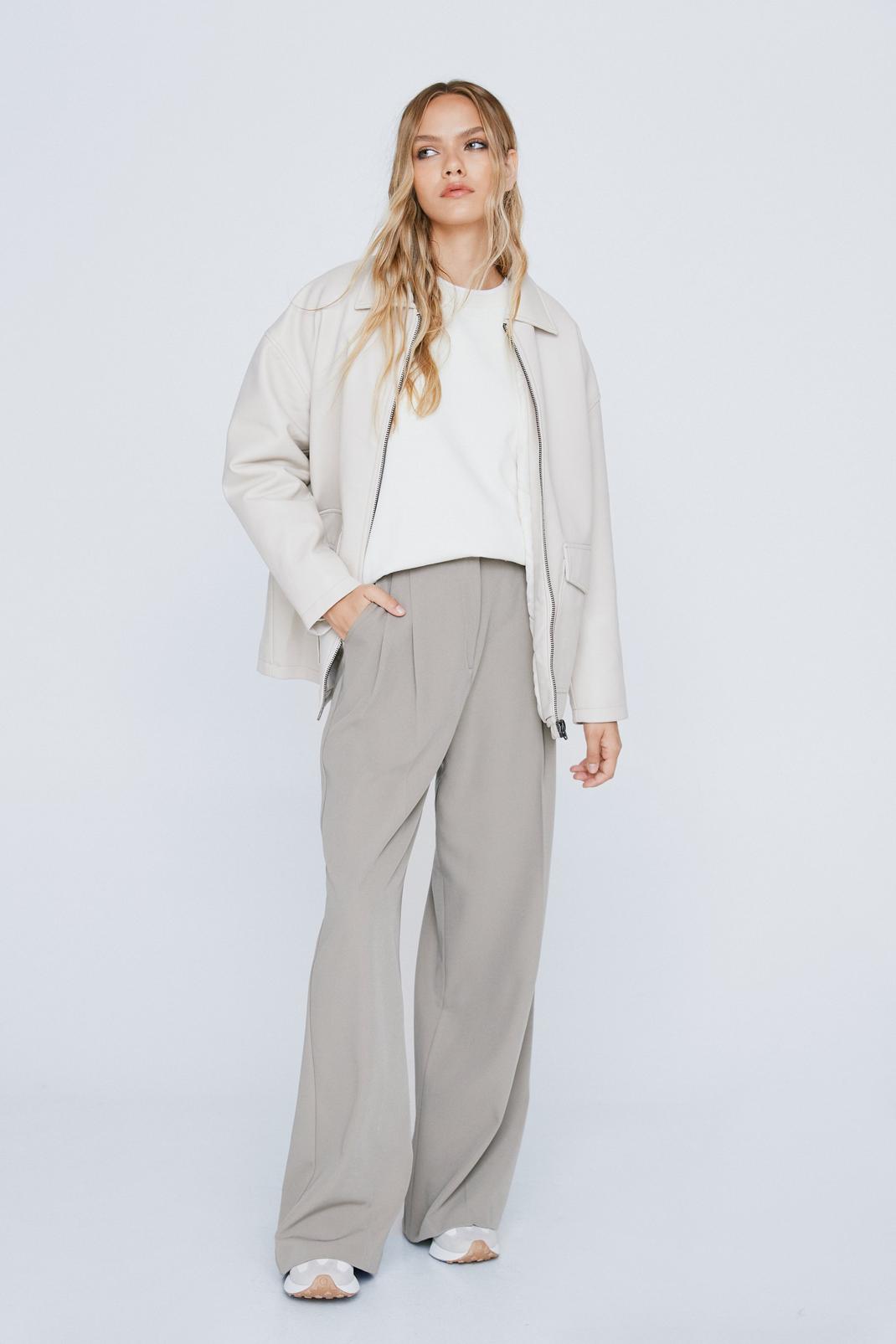 Taupe Pleat Front Wide Leg Tailored Trousers image number 1