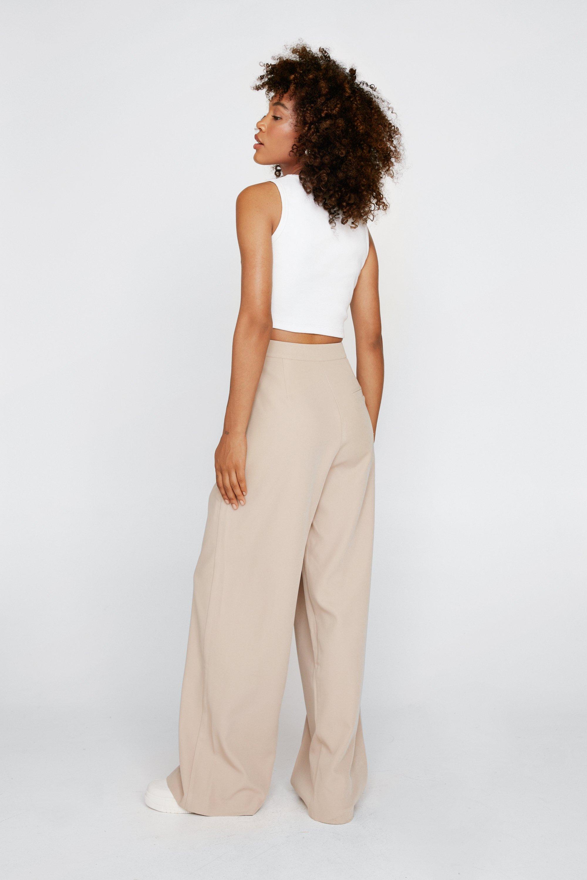 Never Miss Beige High-Waisted Wide-Leg Pleated Trouser Pants