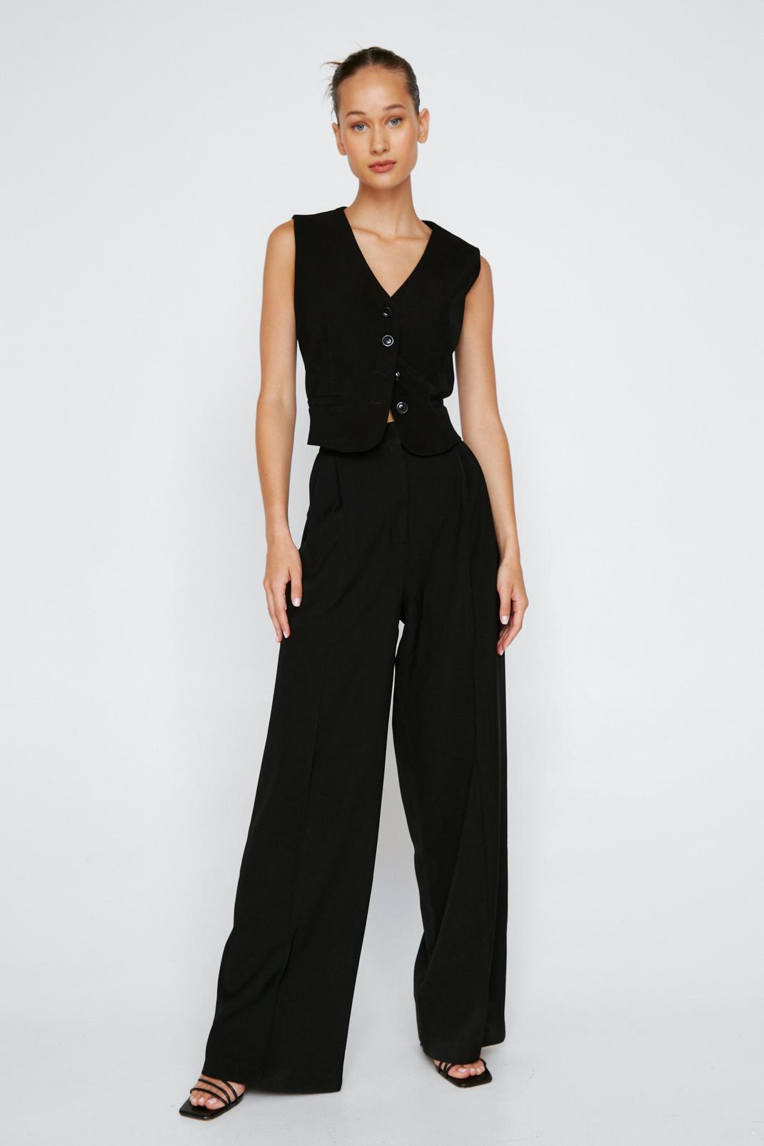 Black Pleated Front Wide Leg Tailored Trousers image number 1