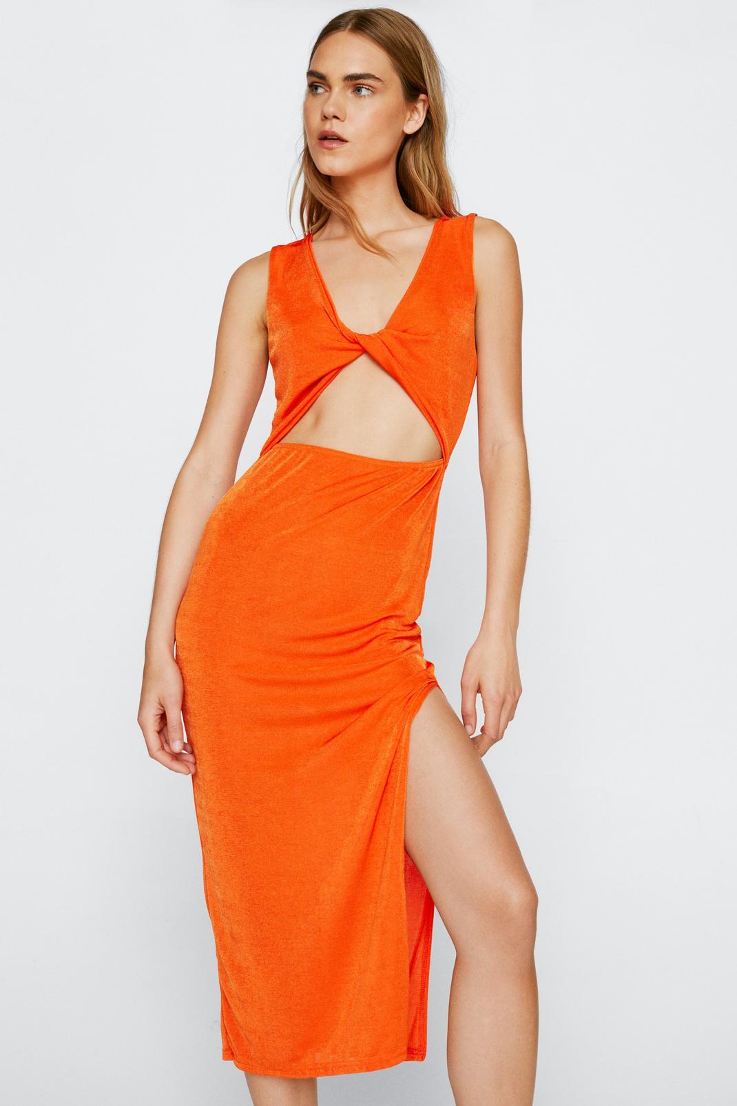 Orange Twist Front Disco Slinky Midi Dress image number 1
