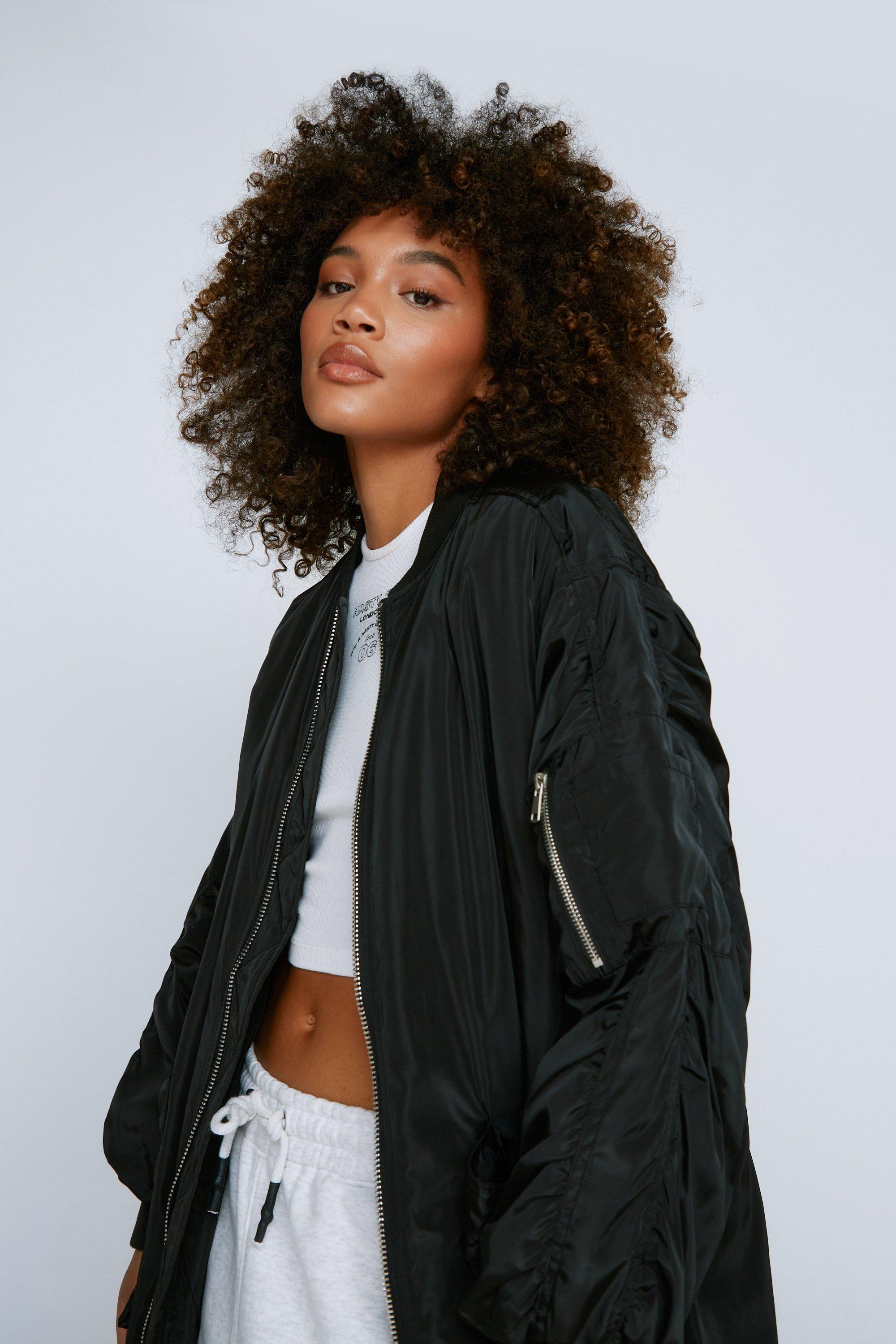 Black longline bomber jacket womens sale