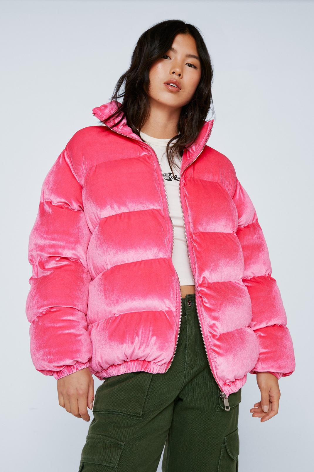 Hot pink Premium Velvet Zip Through Puffer Coat image number 1