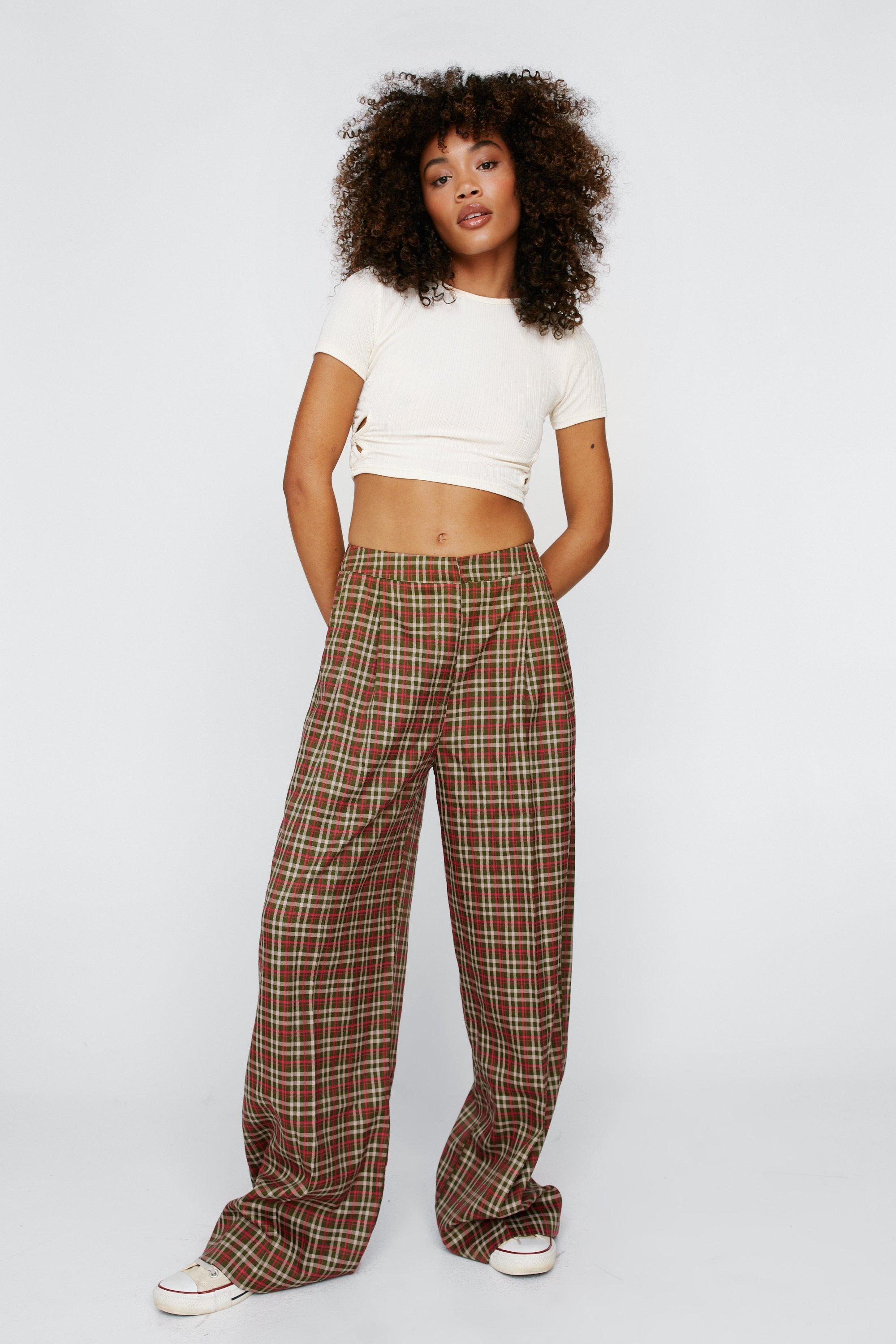 Pleat Front Plaid Wide Leg Pants