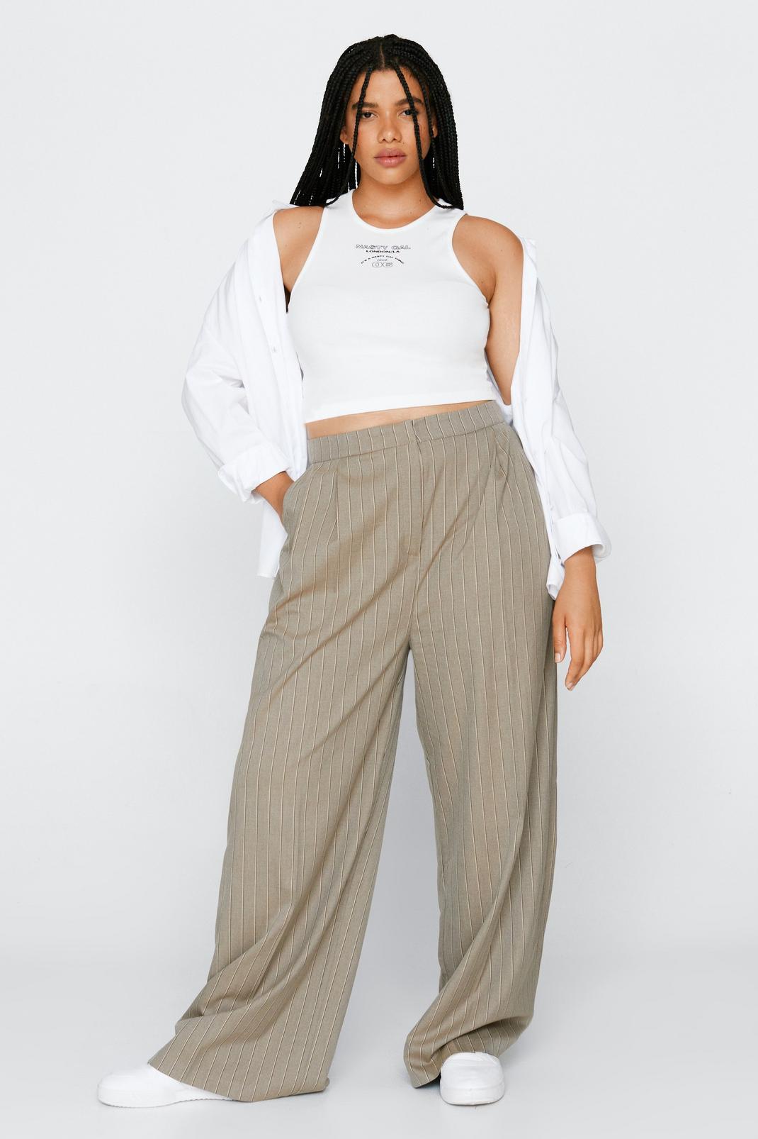 Taupe Plus Size Premium Stripe Wide Leg Trousers image number 1