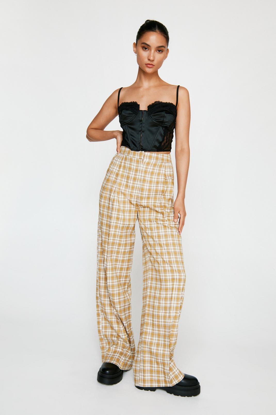Beige Petite Check Pleat Front Wide Leg Trousers image number 1