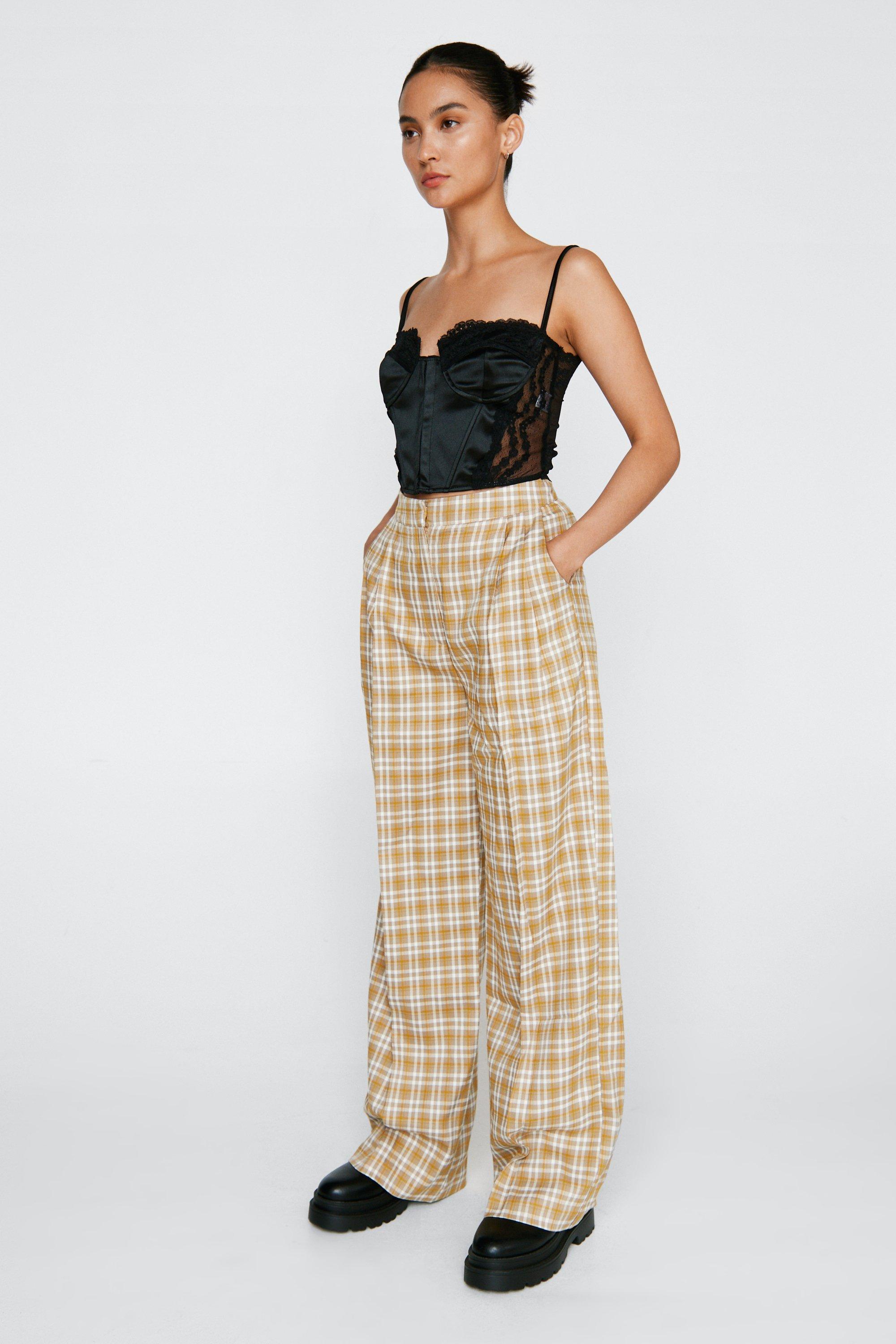 Petite Check Pleat Front Wide Leg Trousers