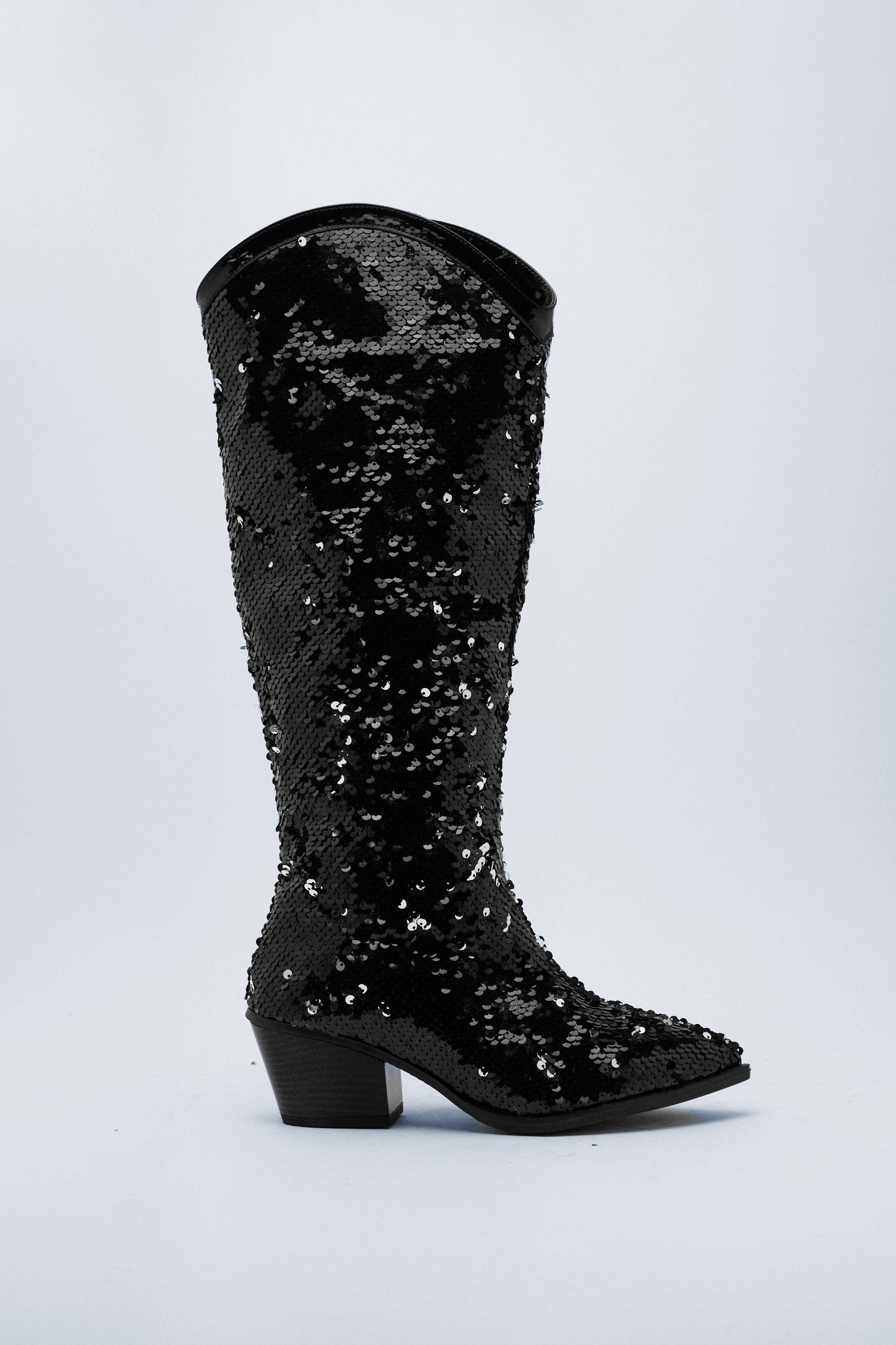 Black sequin shop knee high boots