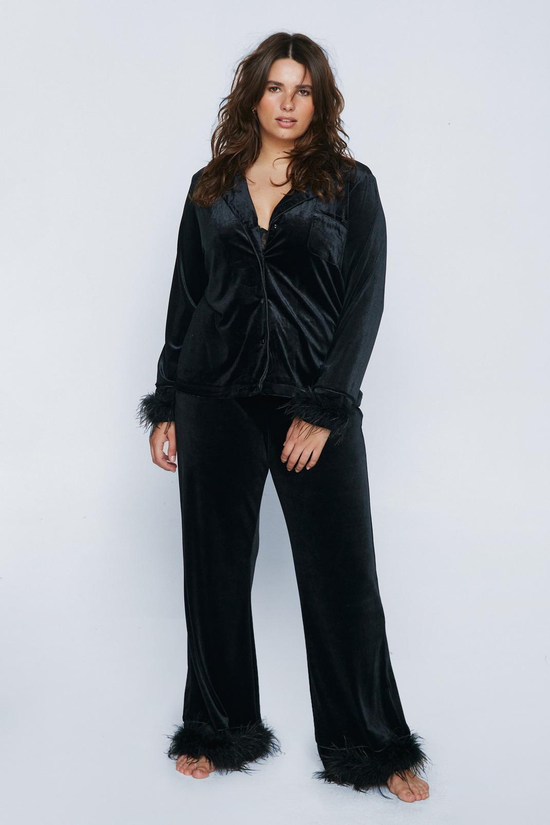 Black Plus Feather Trim Velvet Pajama Trouser Set image number 1