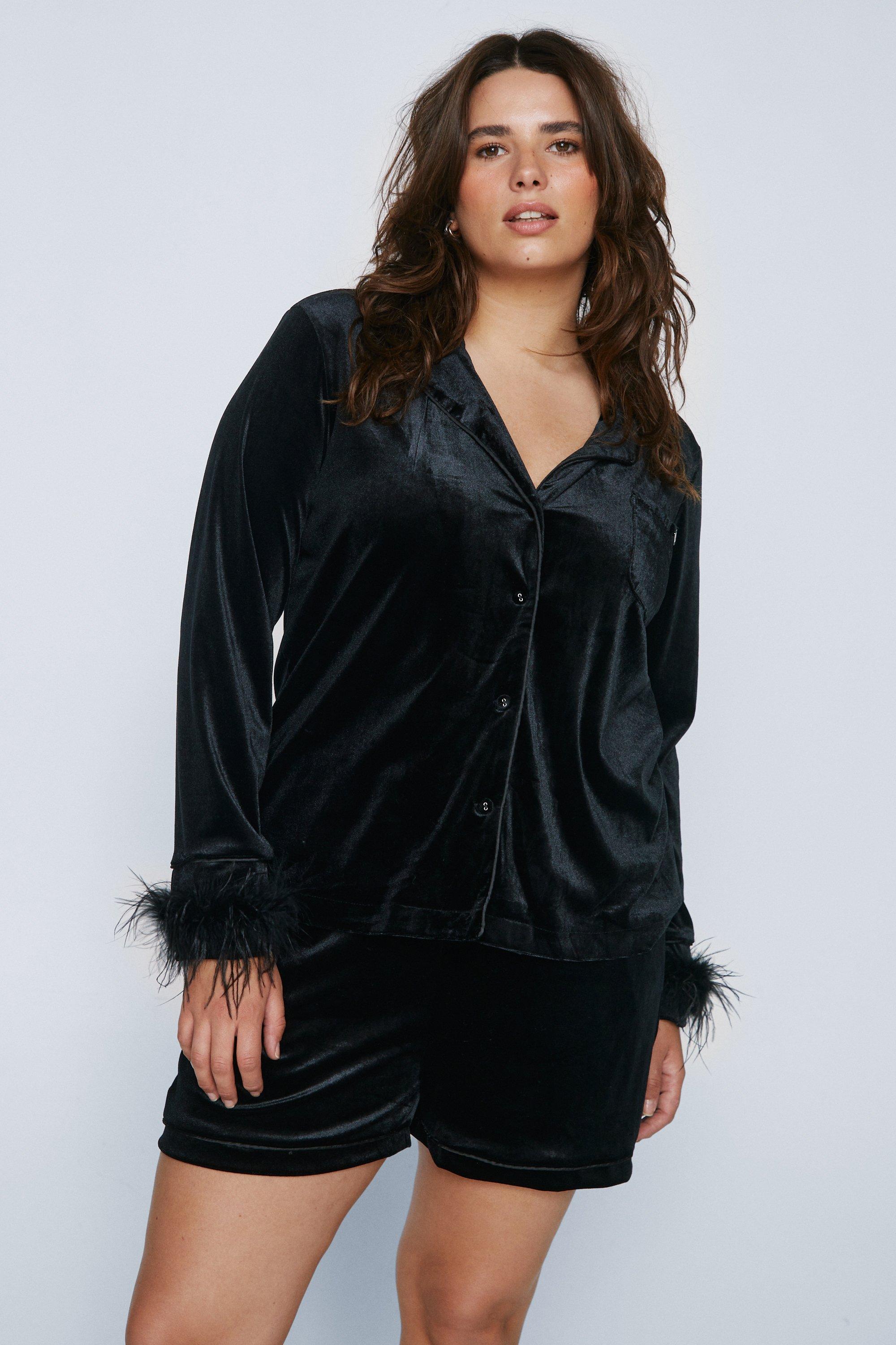 Plus Size Feather Trim Velvet Pajama Short Set