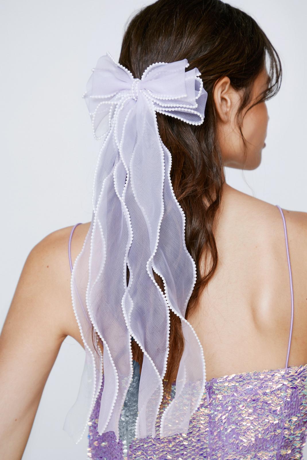 Lilac Pearl Beaded Mesh Bow Clip image number 1