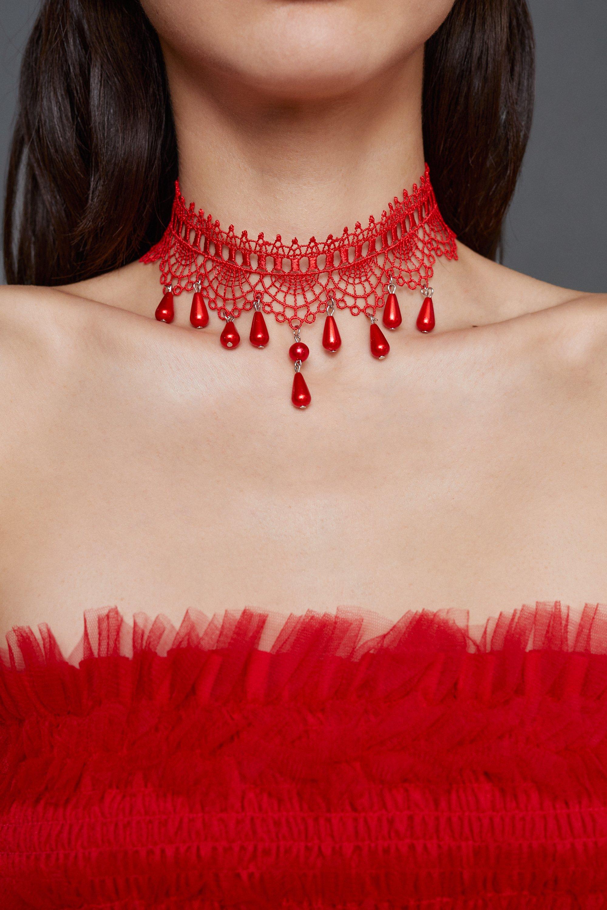 Drop Jewel Thick Lace Choker