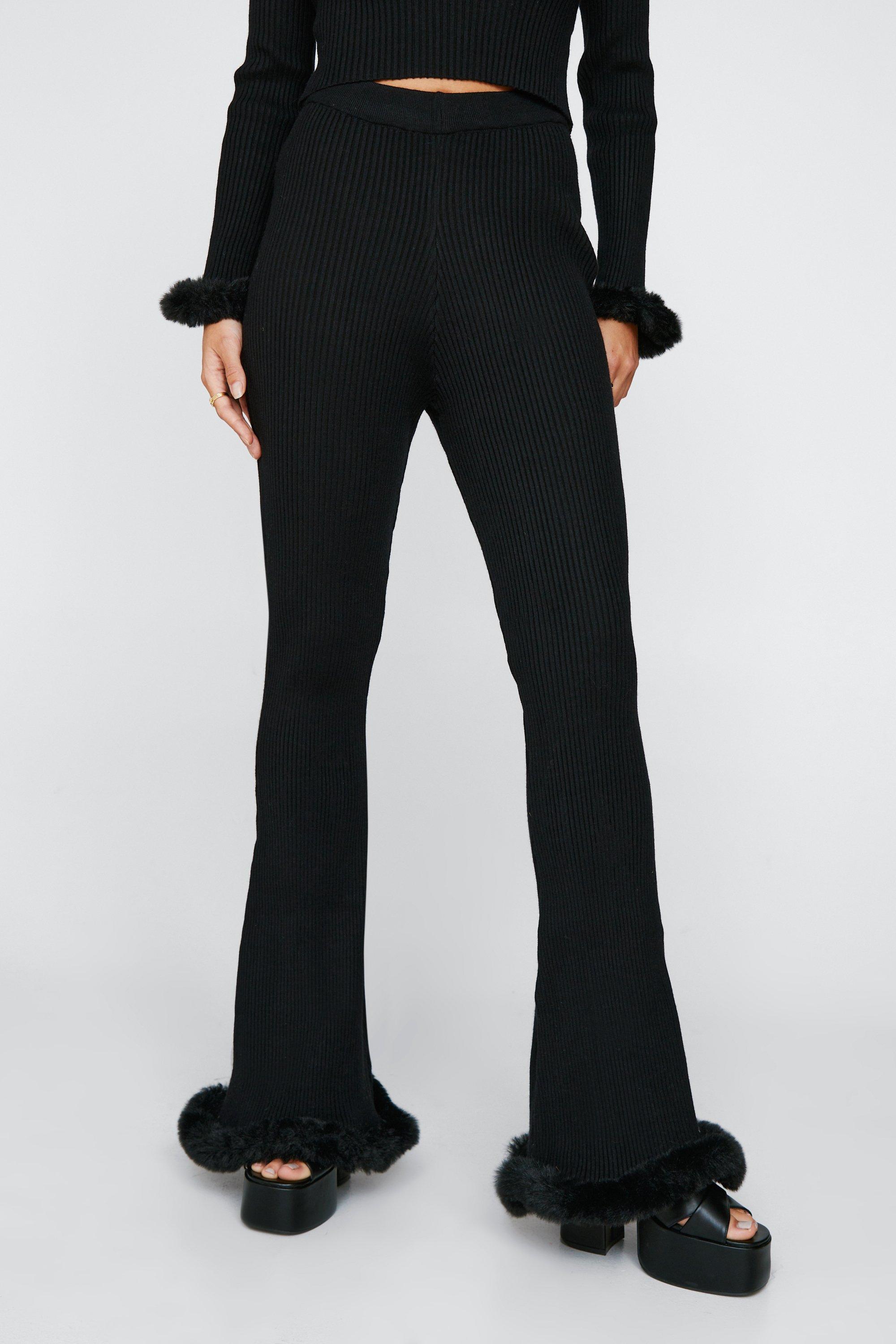 Faux Fur Trim Knitted Flare Pants