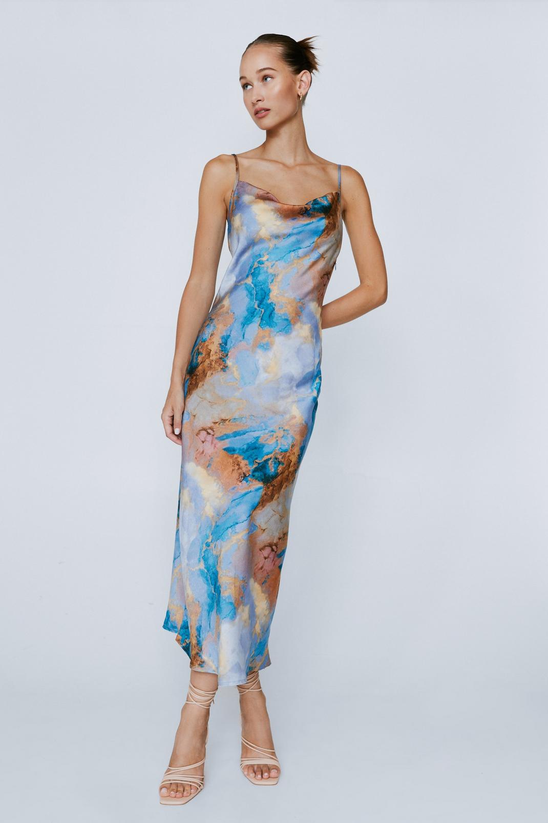Blue Satin Marble Print Midi Slip Dress image number 1