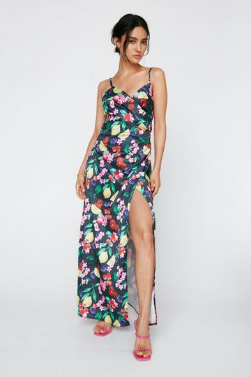 Black Petite Satin Fruit Print Maxi Wrap Dress