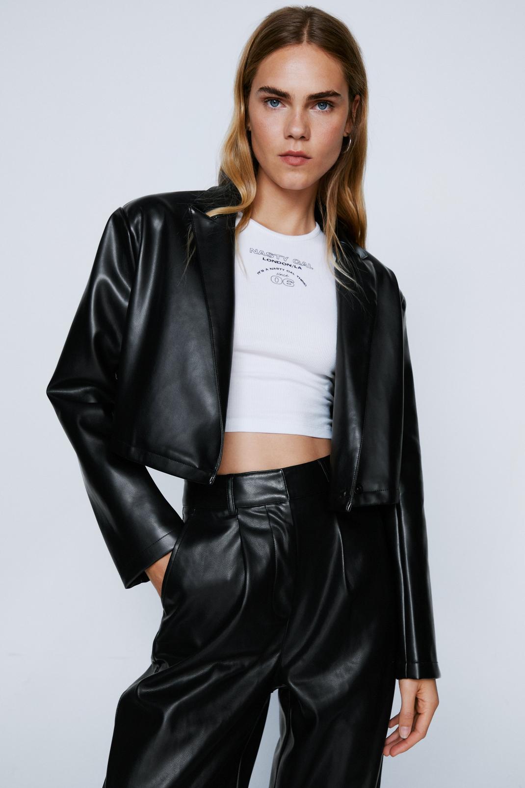 Black Faux Leather Cropped Blazer image number 1