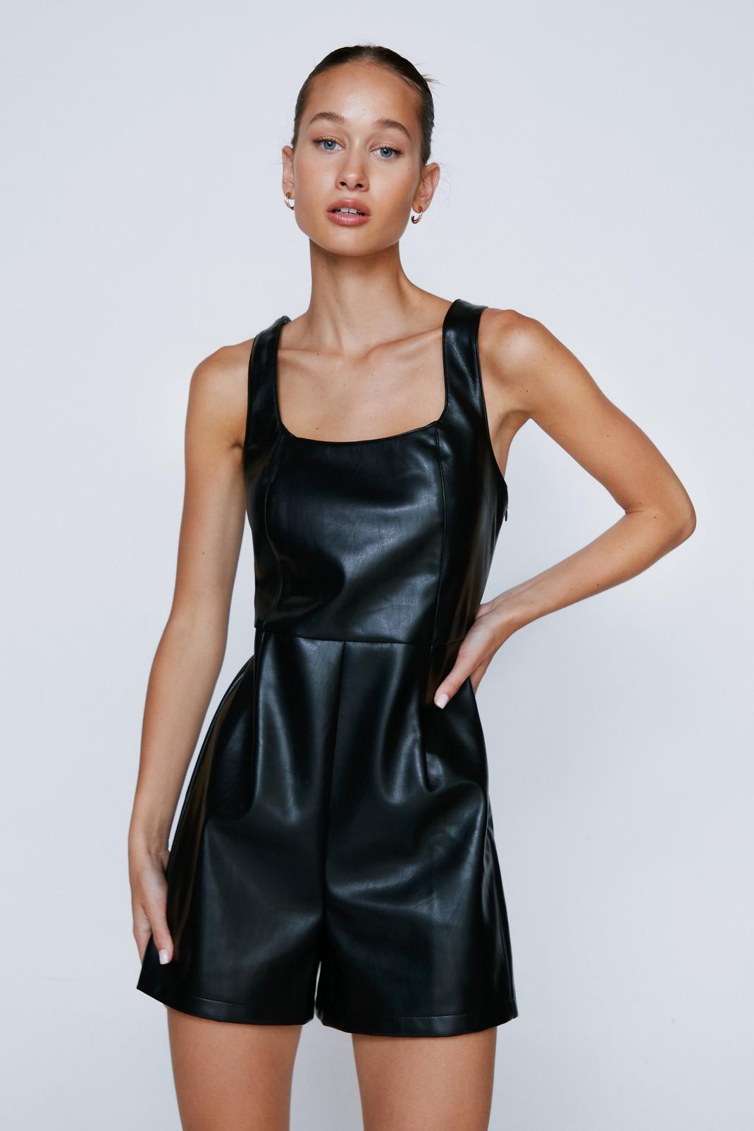 Black Faux Leather Square Neck Playsuit image number 1