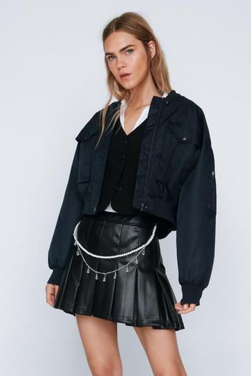 Black Diamante Trim Faux Leather Pleated Mini Skirt