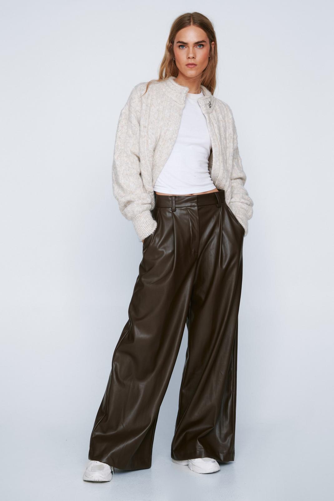 Chocolate Wide Leg Faux Leather Trousers image number 1