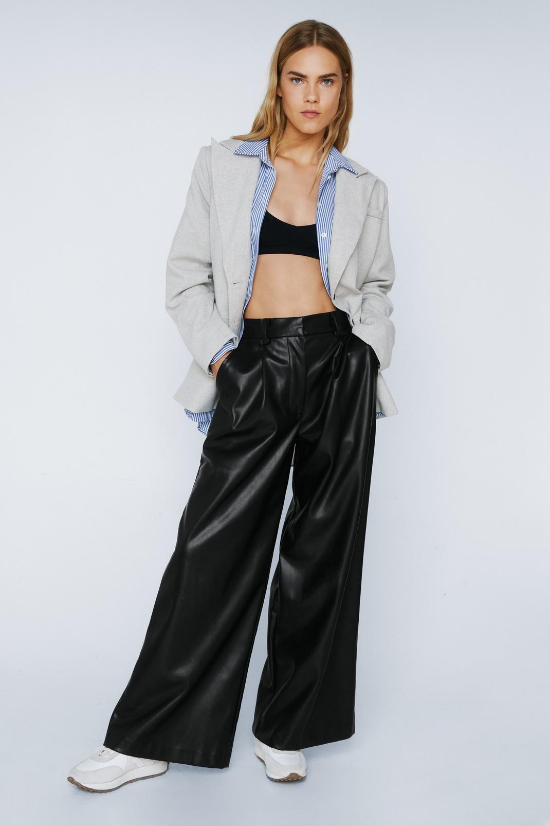 Black Faux Leather Wide Leg Trousers image number 1