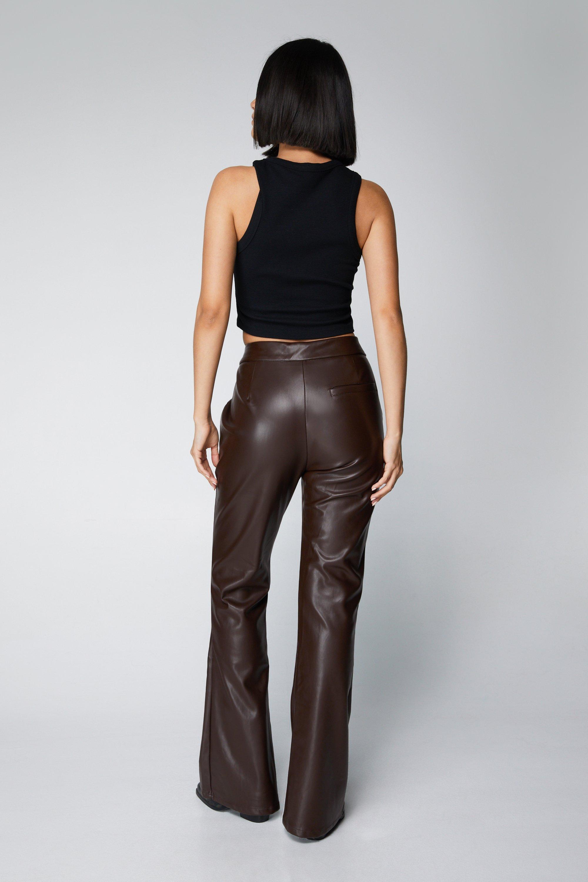 Chocolate Brown Faux Leather Seam Front Flared Pants